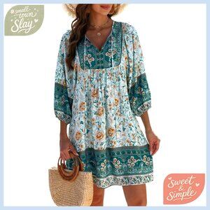 V-Neck 3/4 Sleeve Boho Floral Rayon Dress Loose Fit Above Knee